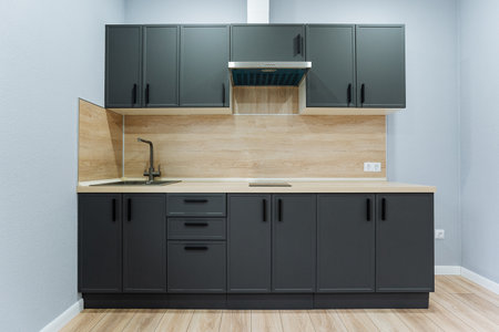 contemporary kitchen with wood accents, modern gray kitchen featuring minimalist design elements, modern gray kitchen showcasing minimalist features and warm wood accents for stylish lookの写真素材