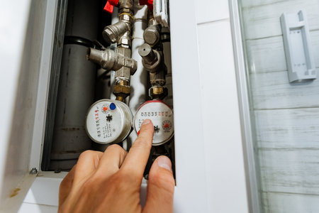 A detailed view of a hand adjusting the controls on a complex heating system, highlighting pressure gauges and interconnected valves in a residential setting, showcasing functionalityの写真素材