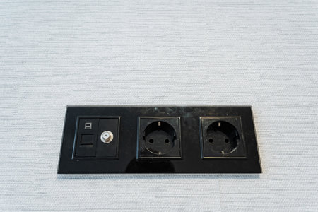 sleek dual socket installation, matte finish flush power outlet with switch and connector, contemporary black recessed power plate with dual sockets and integrated switch for functionalの写真素材