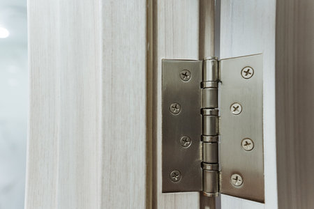 closeup hinge details, high-resolution focusing image on detailed hinge with visible wear signs, macro photograph of hinge displaying detailed craftsmanship and characteristic wear marksの写真素材