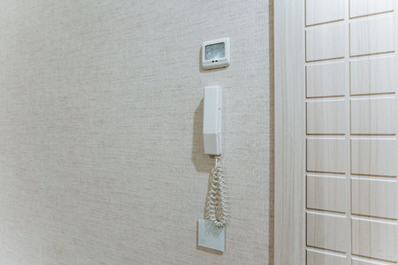 wallmounted intercom with handset, wallmounted intercom with coiled cord near textured wallpaper,...