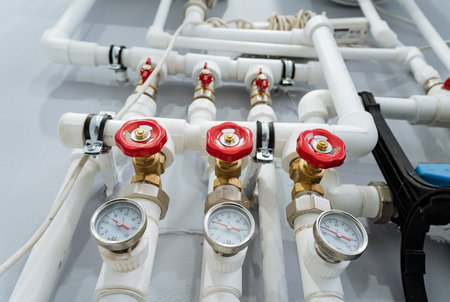 heating system components, manifold with gauges and connectors, pressure gauges on manifoldの写真素材