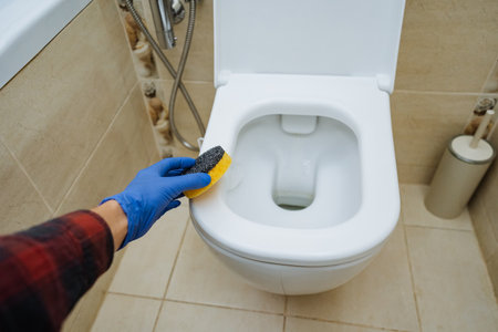 toilet cleaning with yellow sponge, homeowner scrubbing toilet bowl using yellow spongeの写真素材