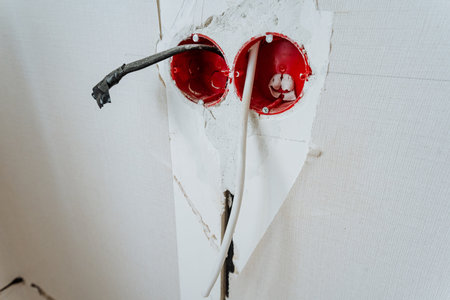 wiring inspection scene, constructionready electrical box with visible wiring and drywall edgesの写真素材