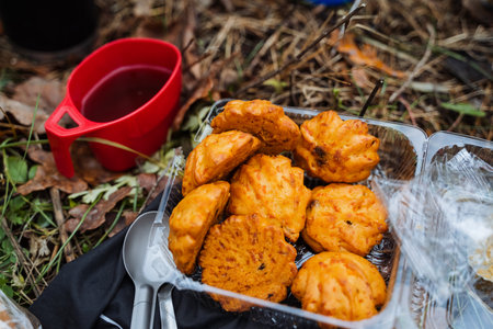 fritters picnic outdoors, enjoying hot fritters outside today, gathered in nature for tasty fritter...