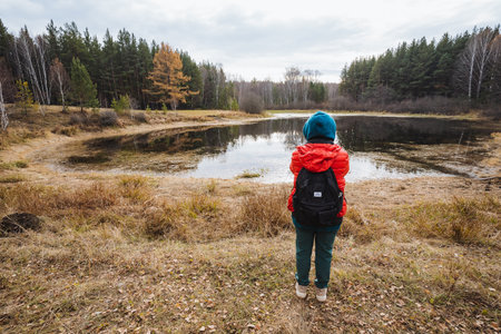 Person views landscape, Individual admires expansive forest and open sky, Figure watches wide wilderness under vast sky above, Person gazes at sprawling woodland stretching beneath endless skyの写真素材