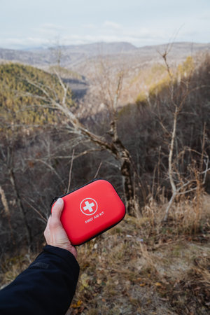 Instructor preparing to provide treatment in scenic valley environment, Mentor conducting first aid practice amid mountain scenery during outdoorの写真素材