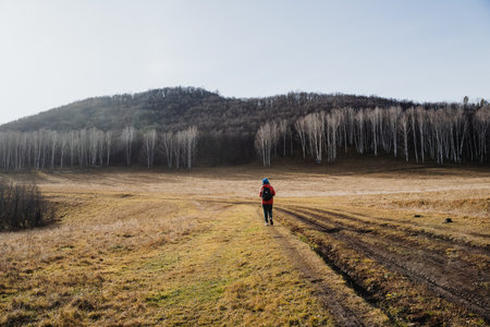 Lone backpacker heading toward tree line across grassy plain, single red pack creating focal contrast, long shadow, muddy track leading into forest, introspective outdoor journey moodの写真素材