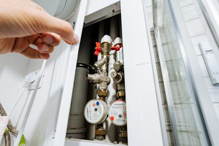A closeup view of a persons hand reaching for plumbing valves inside a boiler compartment, showcasing essential components for managing water flow in home systemsの写真素材