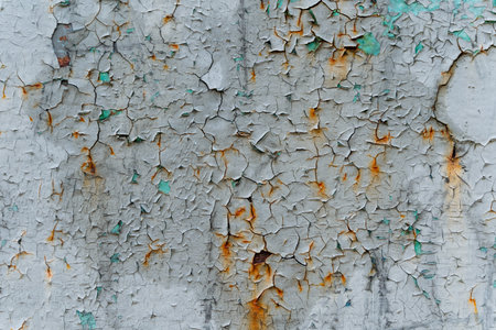 peeling paint and rusted metal wall revealing layered turquoise undercoat, orange corrosion spots,...