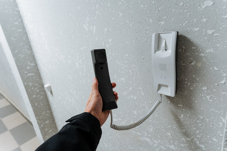 fitting device into hallway electrical outlet carefully, precise action of inserting gadget into...