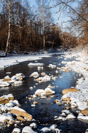 serene snowcovered river landscape, peaceful frozen waterway surrounded by leafless winter trees standing still, tranquil icy stream in winter scene with snow covering and leafless tree sceneryの写真素材