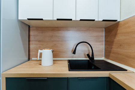morning modern kitchen, minimalist kitchen with muted colors and chic fixtures design, serene and...