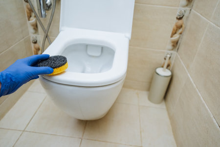 cleaning toilet rim, maintaining hygiene by disinfecting toilet rim with sponge in small bathroomの写真素材