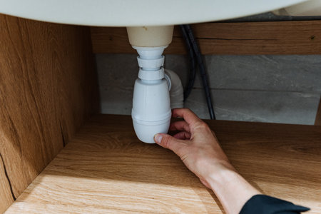 A close-up image showing a hand adjusting the sink trap under a bathroom basin, highlighting plumbing maintenance and DIY home repairs, emphasizing functionality and accessibility.の写真素材