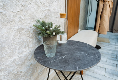 Relaxed Coffee Shop In City, Morning At Cozy Cafe Corner Featuring Marble Table And Seating...