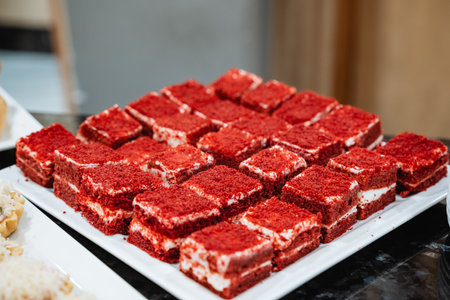 Red Velvet Cake Squares On Platter, Elegant Catering Display, InstagramWorthy Dessert Table At...