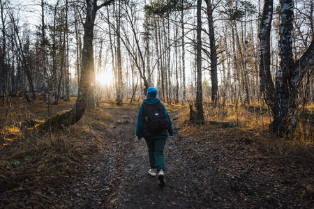 Person walking toward low sun along wooded trail with backpack and blue beanie, crisp air, long tree...