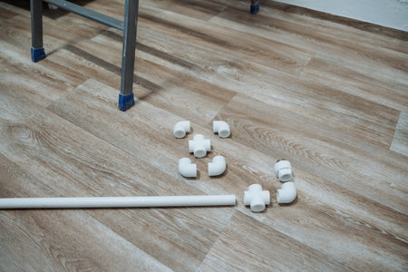 Equipment Layout Planning. Furniture And Fitting Arrangements In Renovation Environment With Contractor. Materials And Tools For Wood Floor Repair Detected During Renovation Planning Processの写真素材