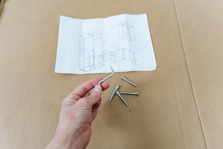 Hand Holding Cam Bolts With Instructions, Small Hardware Pieces Arranged On Cardboard, Counted Parts And Careful Checklist Review, Organized Preassembly Routine For Efficient Buildの写真素材