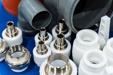 Assortment Of Metal Adapters And Grey Pvc Pipes, Workshop Inventory Ready For Service Calls Chrome...