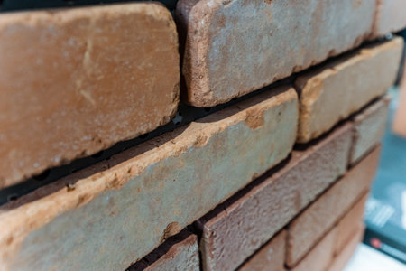 Closeup Weathered Teal And Brown Bricks Showing Rough Mortar And Patina, Cozy Cafe Facade Mood,...