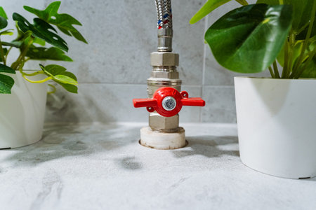 Large Glossy Monstera Leaf In Ceramic Pot On Polished Marble, Soft Diffused Light Casting Gentle Shadows, Modern Interior Styling And Botanical Care Motif, Juxtapositionの写真素材