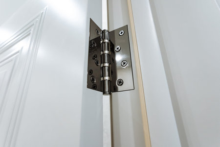 Metal Plate And Screw Focus. Minimal Tool Marks On White Door Edges And Metal Components. Apartment Renovation Showcasing Cleanly Aligned Hinges With Minimal Contractor Tool Impressions