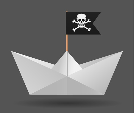 Paper boat with a pirate flag. White background. Isolated object. Vector Image.のイラスト素材