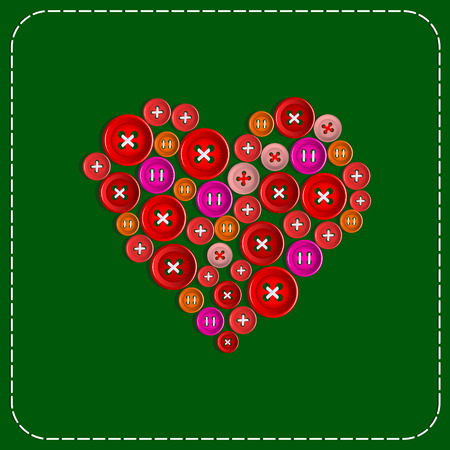 Button-heart. Background picture. Red to green. Plastic buttons sewn with white thread. Vector .のイラスト素材