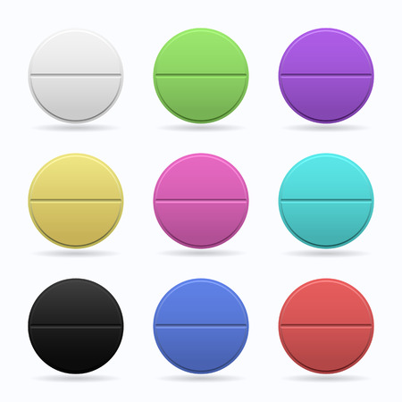 Medicinal tablets. Set of round flat tablets of different colors. Isolated objects on white background. Vector illustration.のイラスト素材