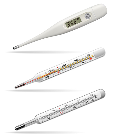Medical thermometers. Digital, alcohol and mercury thermometers for measuring the temperature of the human body. Vector illustration.のイラスト素材