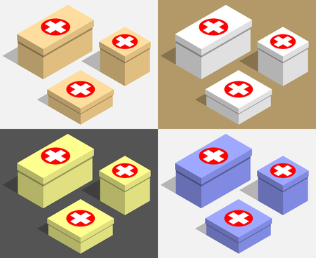 Set of boxes of different sizes with medecine symbols. Multicolored cardboard boxes for medications. Isometric flat vector illustration.のイラスト素材