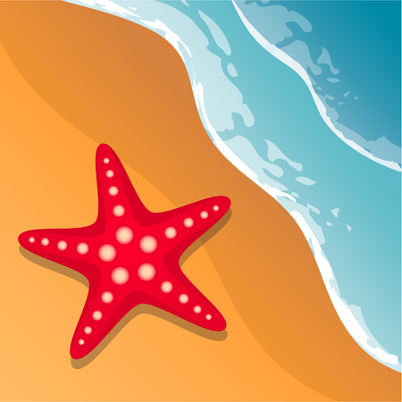 Beach background. Sea shore. The waves and sand. Starfish. Vector illustrationのイラスト素材