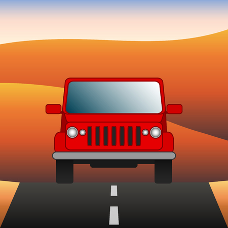 Red car on the road SUV rides through the desert. Sport utility vehicle on the background of desert landscape. Vector Image.のイラスト素材