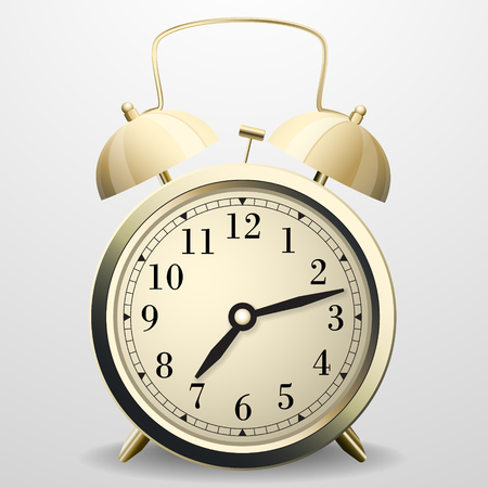 Alarm clock. Mechanical table clock with arrows, dial and metal bell percussionのイラスト素材