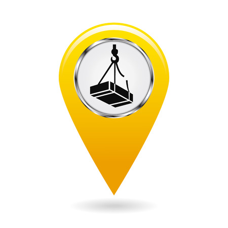 Map pointer. Safety symbol. Caution may drop shipping. Location and specify the coordinates on the map terrain. Industrial Design. Yellow object on a white background. Vector illustration.のイラスト素材