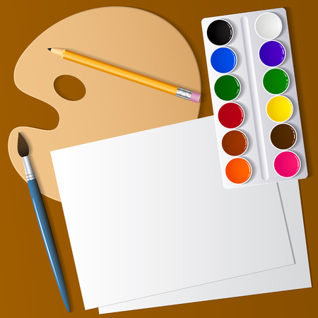 Drawing and creativity. Artistic appliances on the desktop. Watercolor paint, brushes and white paper. View from above . Background image. Vector illustration.のイラスト素材