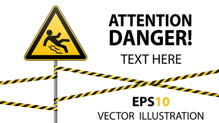 Caution - danger Beware of slippery. Safety sign. The triangular sign on a metal pole with warning bands. White background. Vector illustration.のイラスト素材