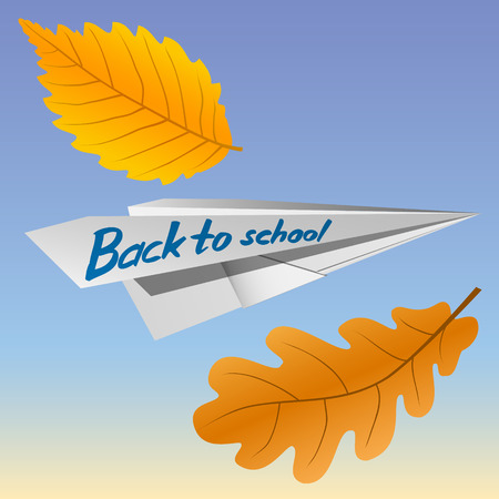 Paper airplane with the inscription Back to School. Falling autumn leaves. The celebration on 1 September. Vector Image.のイラスト素材