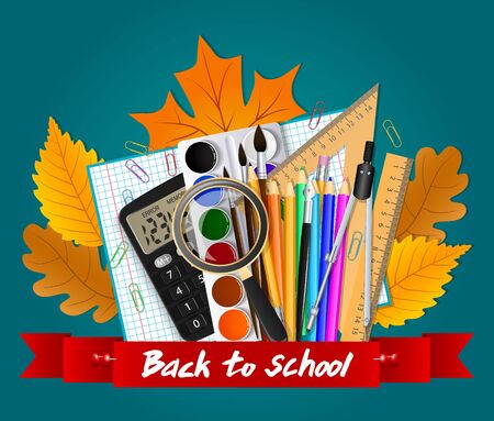 School tools. Autumn leaves and red ribbon with the inscription. Vector illustrationのイラスト素材