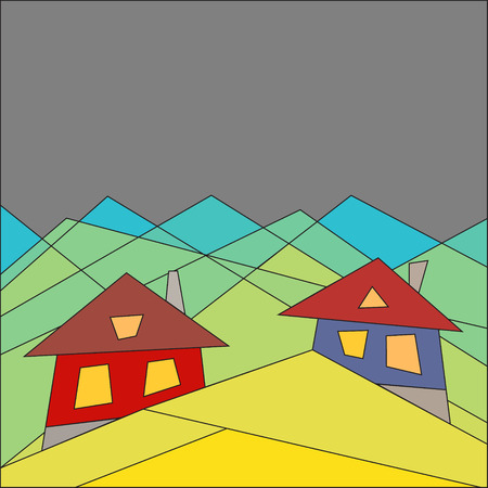 Mountain lifestyle. Houses in the mountains. Flat style. Geometry. Vector illustrationのイラスト素材