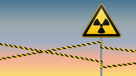 Warning sign on a pole and warning bands. Sign of radiation hazards. Vector illustration.のイラスト素材