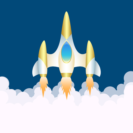 Spaceship. Vertical start of shuttle in smoke clubs. Illustration for children. Space theme. Start up background. Vector illustration.のイラスト素材