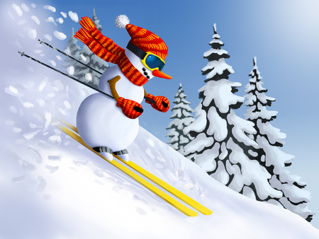 Snowman skier extreme downhill from the mountain. Winter Holidays Christmas and New Year illustration.の写真素材