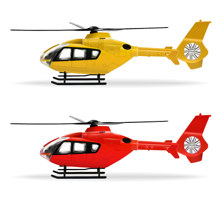 Yellow and red helicopters. Small-sized passenger helicopter in different colors. Air Transport. Realistic isolated objects on white background. Vector illustration.のイラスト素材