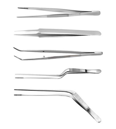 Set of surgical instruments. Tweezers, scalpels, Liston s amputation knife, clamp, scissors, Folkman hook, Meyer forceps, needle, Langenbek saw, Satterlee Bone Saw, Plaster saw Bergman. Vector illustrationのイラスト素材