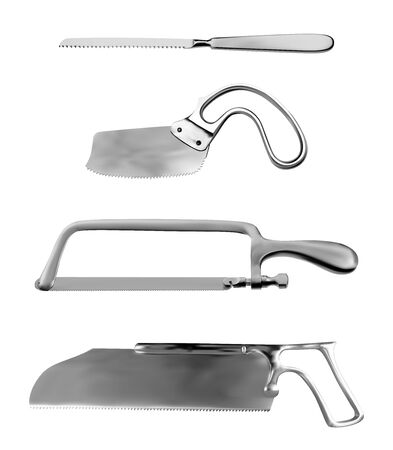 Set of surgical saws. Charriere Bone Saw, Plaster saw Bergman, Satterlee Bone Saw, Metacarpal saw Langenbeck. Manual surgical instrument. Isolated objects on a white background. Vector illustrations.のイラスト素材
