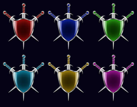 Shield and swords, multicolored set. Heraldry and knight ammunition. Medieval weapons. Equipment warrior in the style of fantasy. Vector illustration.のイラスト素材