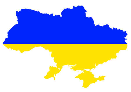 Ukraine. The contours of the territory of the Ukrainian state. View of Ukraine on the political map of the world in the national colors of the Ukrainian flag. Vector illustration isolatedのイラスト素材